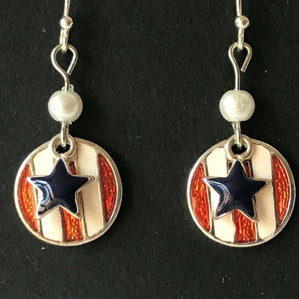 USA American Flag Earrings Stars Stripes Pearls Patriotic July 4 Silver Plated